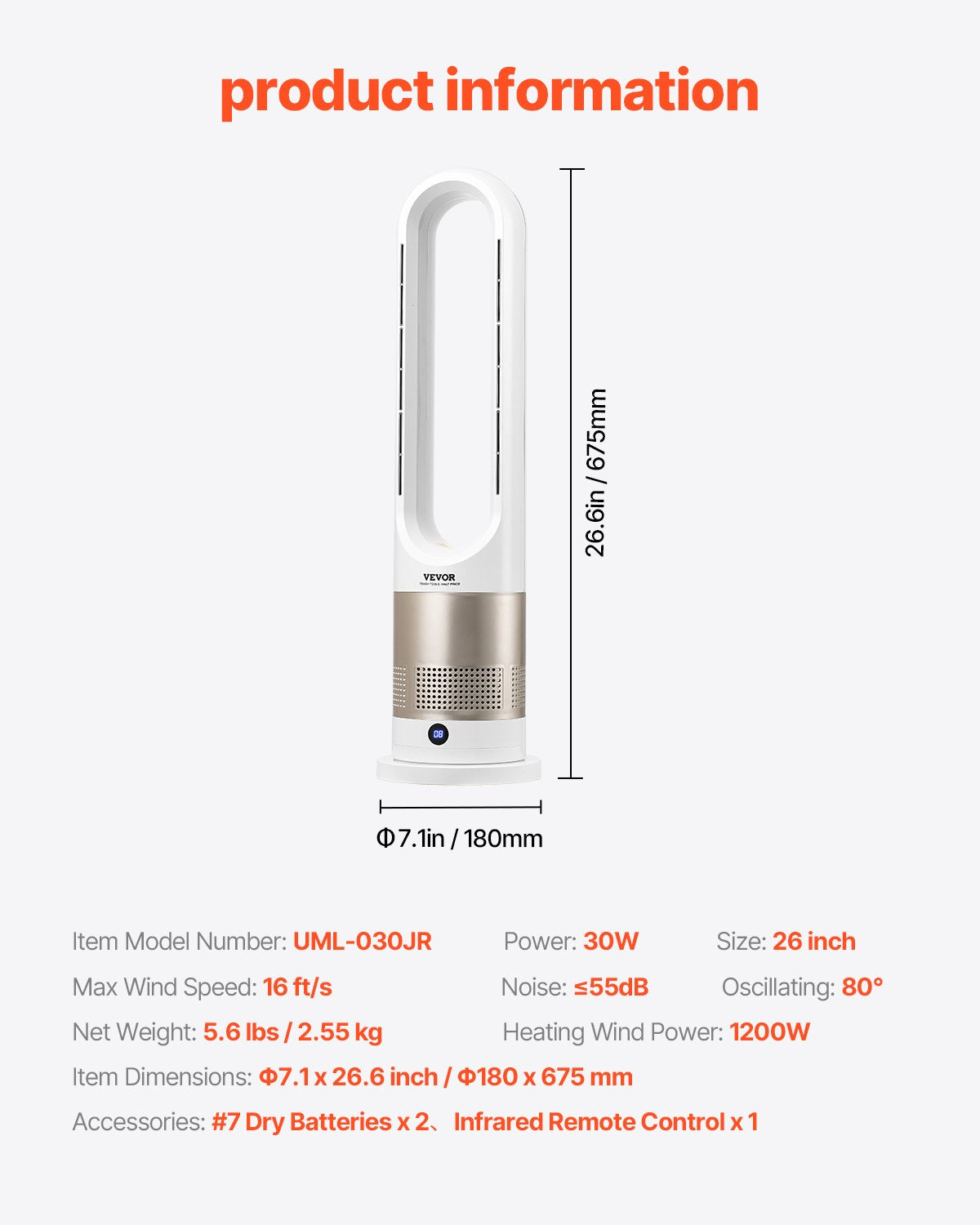 VEVOR 26" Oscillating Tower Fan 9H Timer 16ft/s Velocity with Remote Control 