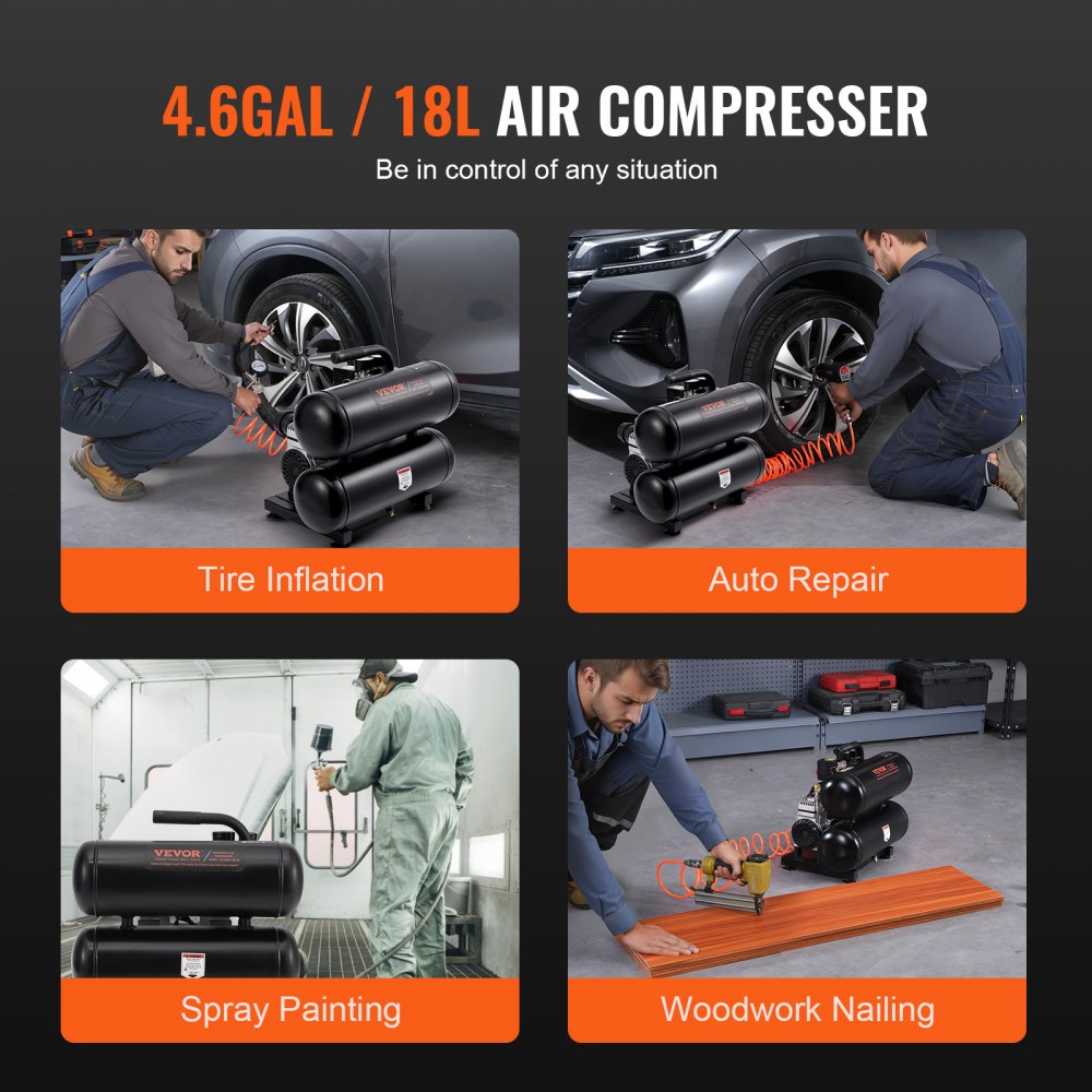 VEVOR Air Compressor Compact Portable Oil Free Compressor 4.6 Gallon 90 PSI 