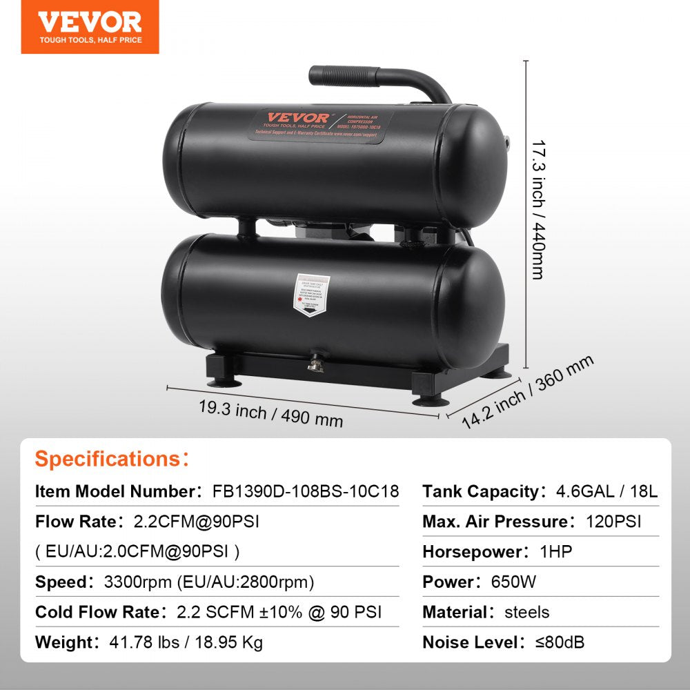 VEVOR Air Compressor Compact Portable Oil Free Compressor 4.6 Gallon 90 PSI 