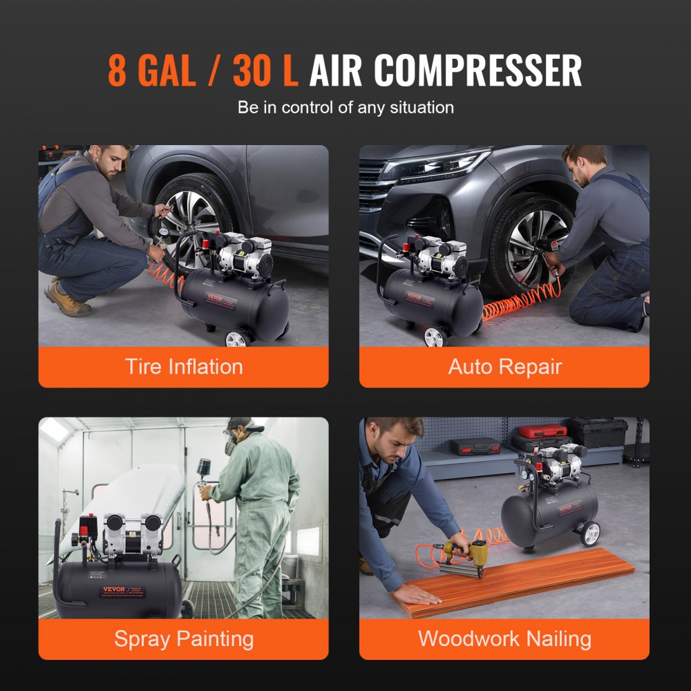 VEVOR Air Compressor Compact Portable Oil Free Compressor 8 Gallon 90 PSI 