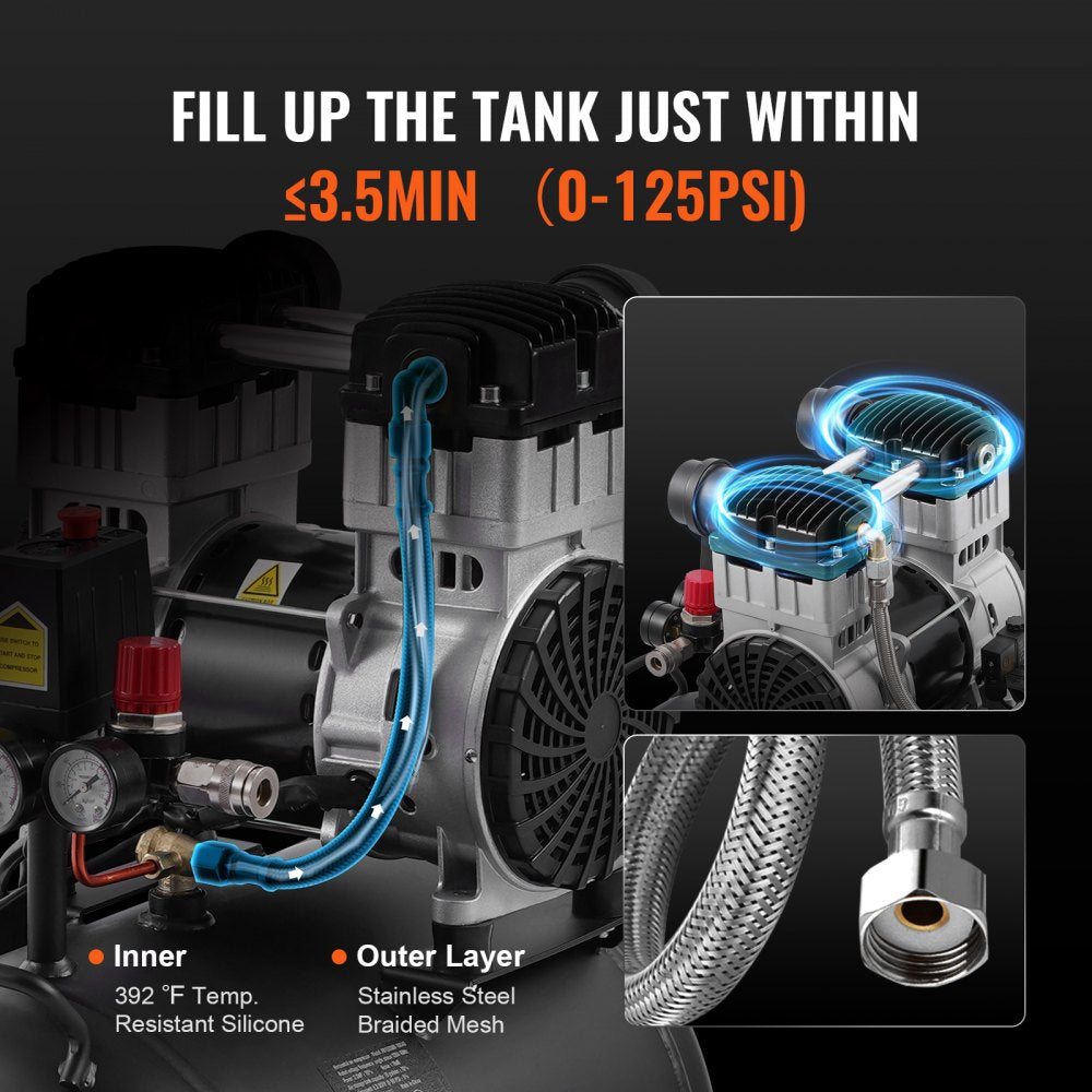 VEVOR Air Compressor Compact Portable Oil Free Compressor 10 Gallon 90 PSI 