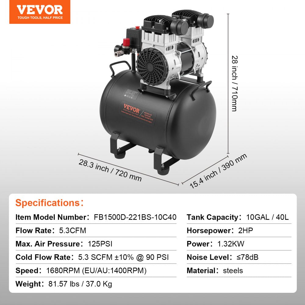 VEVOR Air Compressor Compact Portable Oil Free Compressor 10 Gallon 90 PSI 
