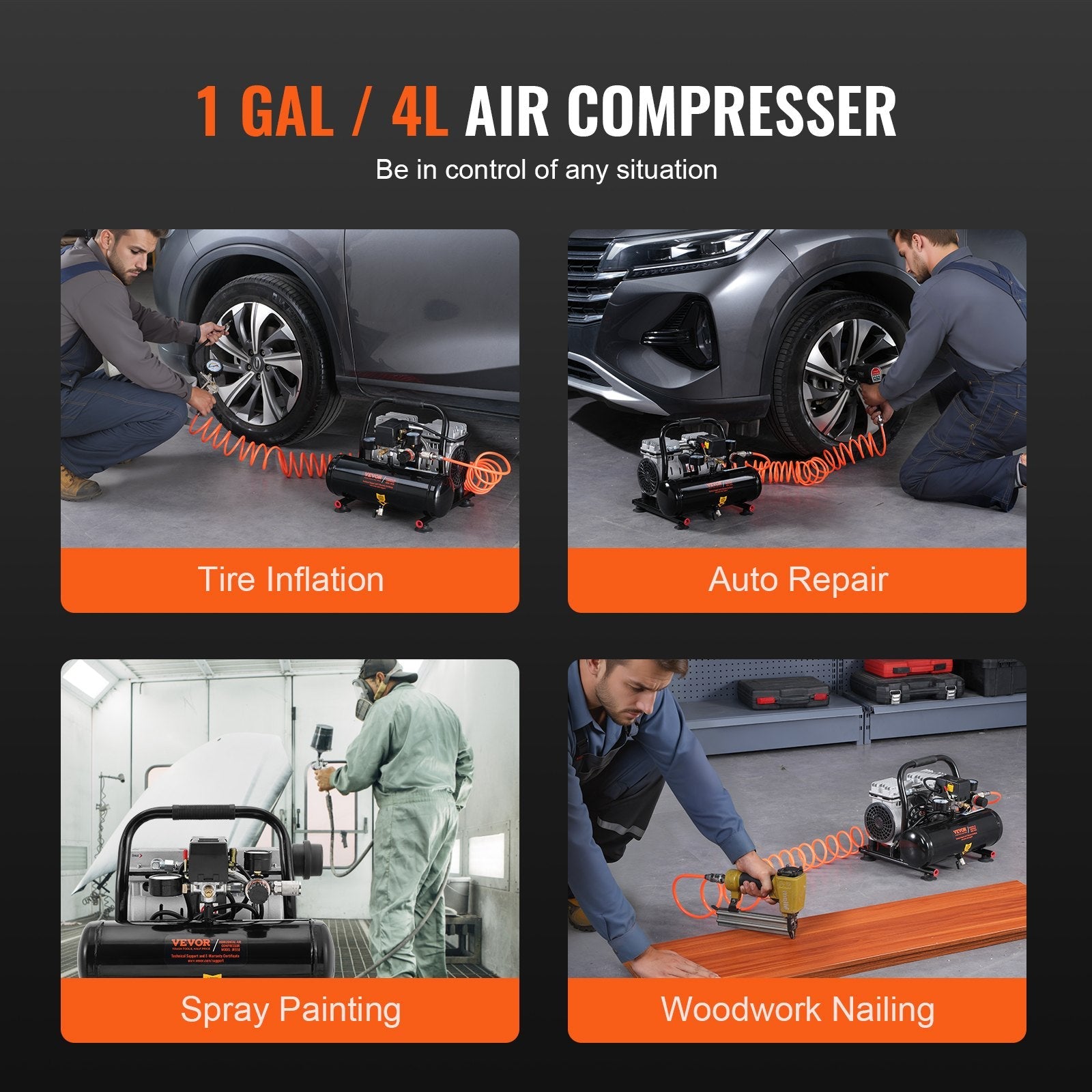 VEVOR Air Compressor Compact Portable Oil Free Compressor 1 Gallon 90PSI 
