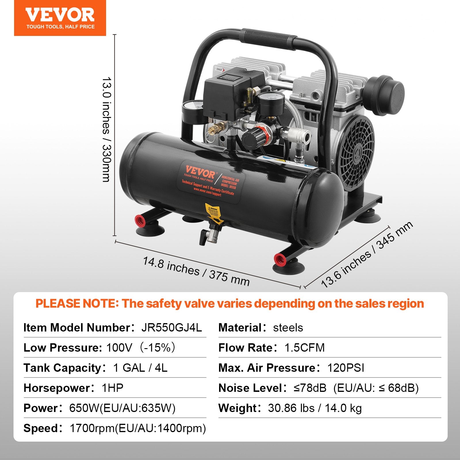 VEVOR Air Compressor Compact Portable Oil Free Compressor 1 Gallon 90PSI 