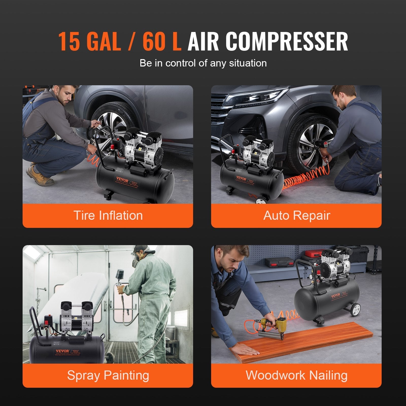 VEVOR Air Compressor Compact Portable Oil Free Compressor 15 Gallon 90 PSI 
