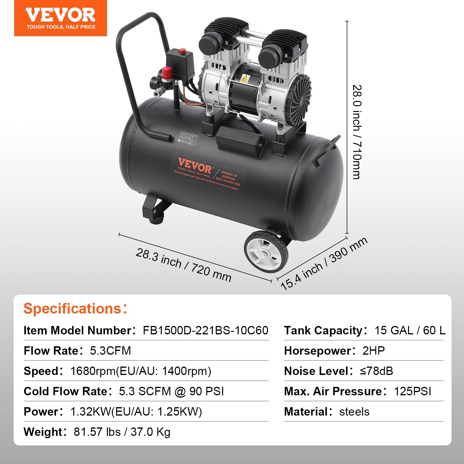 VEVOR Air Compressor Compact Portable Oil Free Compressor 15 Gallon 90 PSI 