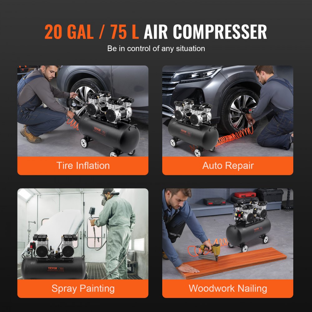 VEVOR Air Compressor Compact Portable Oil Free Compressor 20 Gallon 90 PSI 