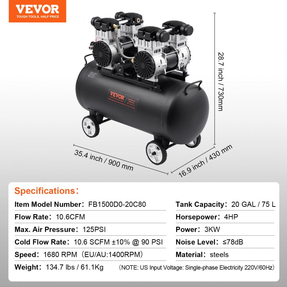 VEVOR Air Compressor Compact Portable Oil Free Compressor 20 Gallon 90 PSI 