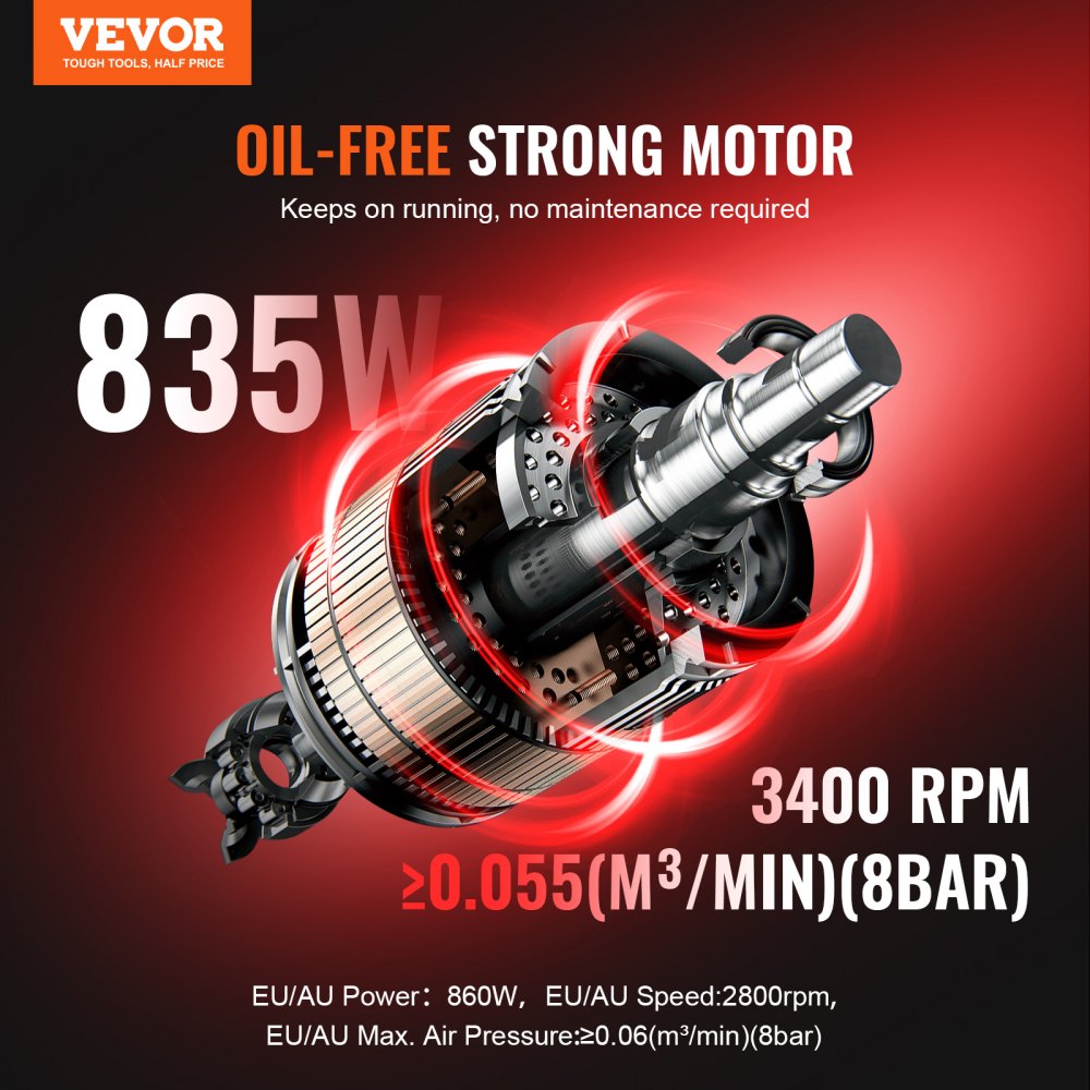 VEVOR Air Compressor Compact Portable Oil Free Compressor 2 Gallon 8bar 