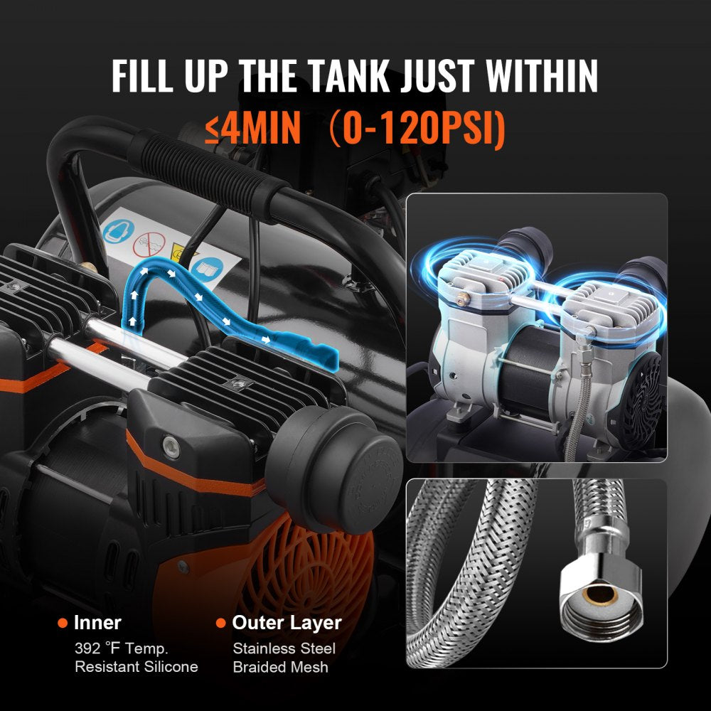 VEVOR Air Compressor Compact Portable Oil Free Compressor 2 Gallon 8bar 