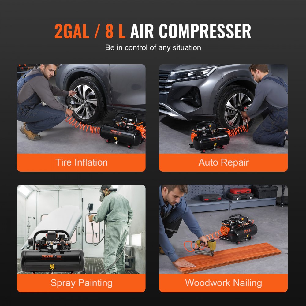 VEVOR Air Compressor Compact Portable Oil Free Compressor 2 Gallon 8bar 
