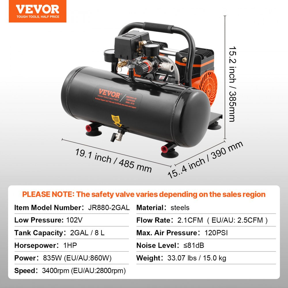 VEVOR Air Compressor Compact Portable Oil Free Compressor 2 Gallon 8bar 