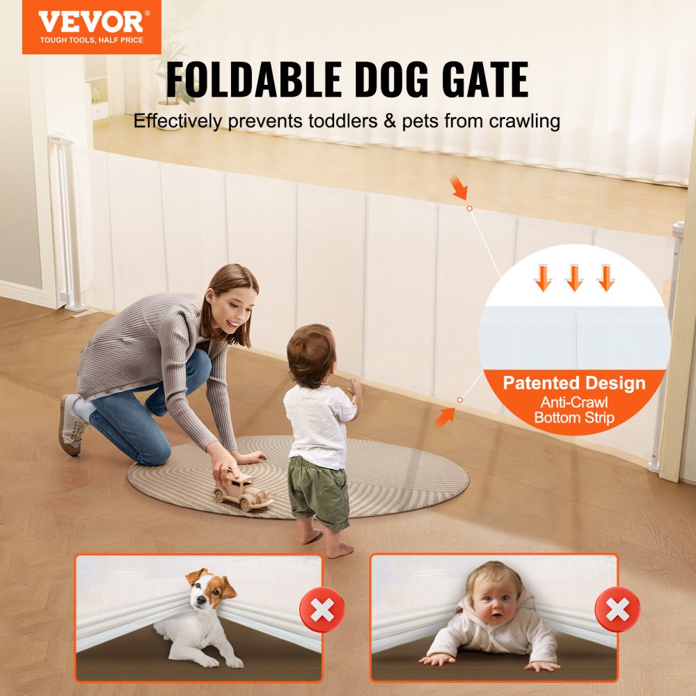 VEVOR Mesh Baby Gate, 34.2" Tall Retractable Baby Gate, Extends up to 116.1" Wide Retractable Gate for Kids or Pets, Retractable Dog Gates for Indoor Stairs, Doorways, Hallways, Playrooms, White 