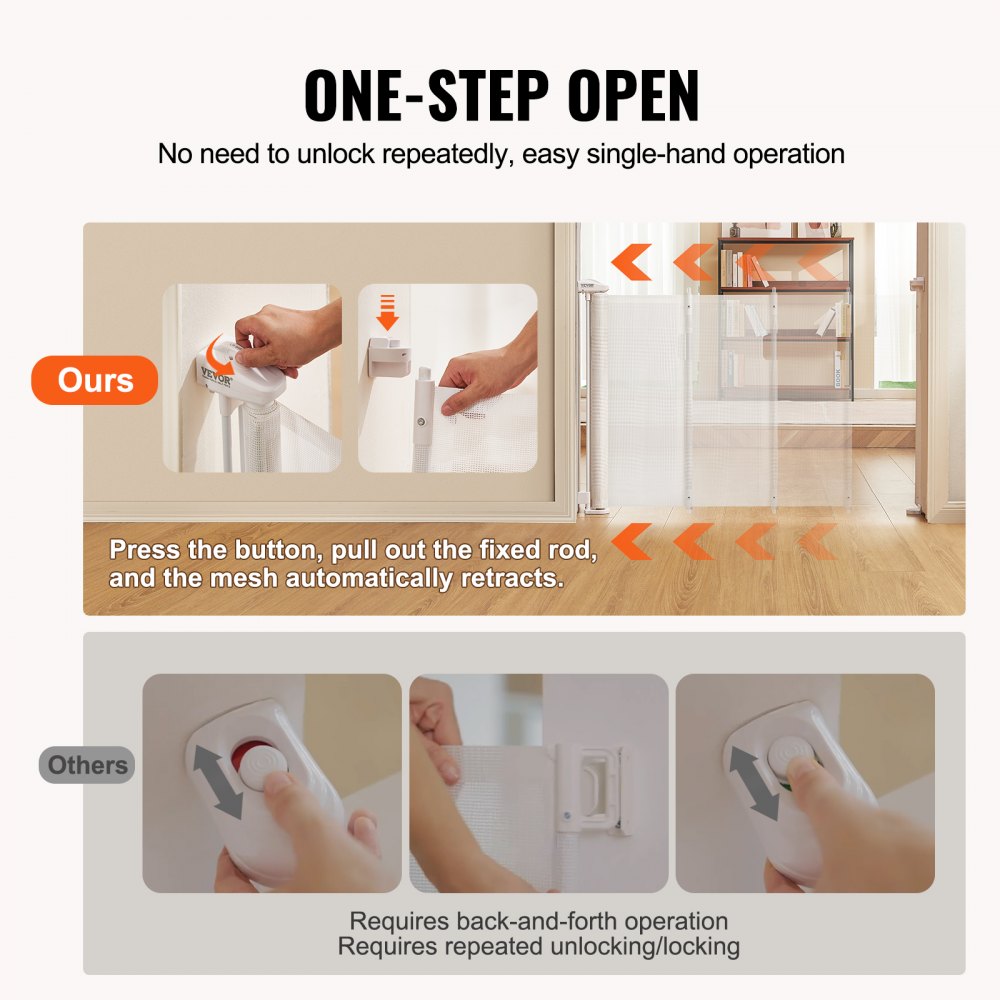 VEVOR Mesh Baby Gate, 34.2" Tall Retractable Baby Gate, Extends up to 116.1" Wide Retractable Gate for Kids or Pets, Retractable Dog Gates for Indoor Stairs, Doorways, Hallways, Playrooms, White 