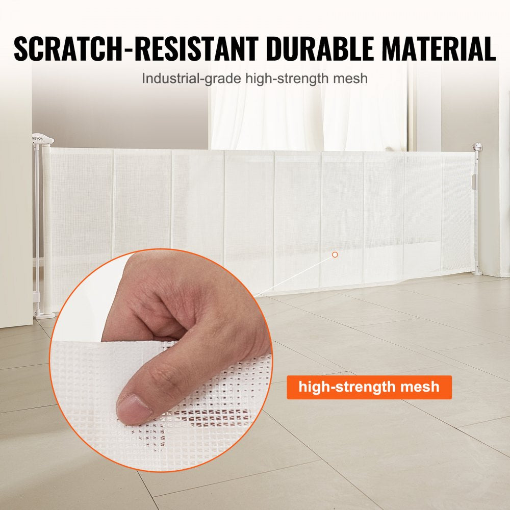 VEVOR Mesh Baby Gate, 34.2" Tall Retractable Baby Gate, Extends up to 116.1" Wide Retractable Gate for Kids or Pets, Retractable Dog Gates for Indoor Stairs, Doorways, Hallways, Playrooms, White 