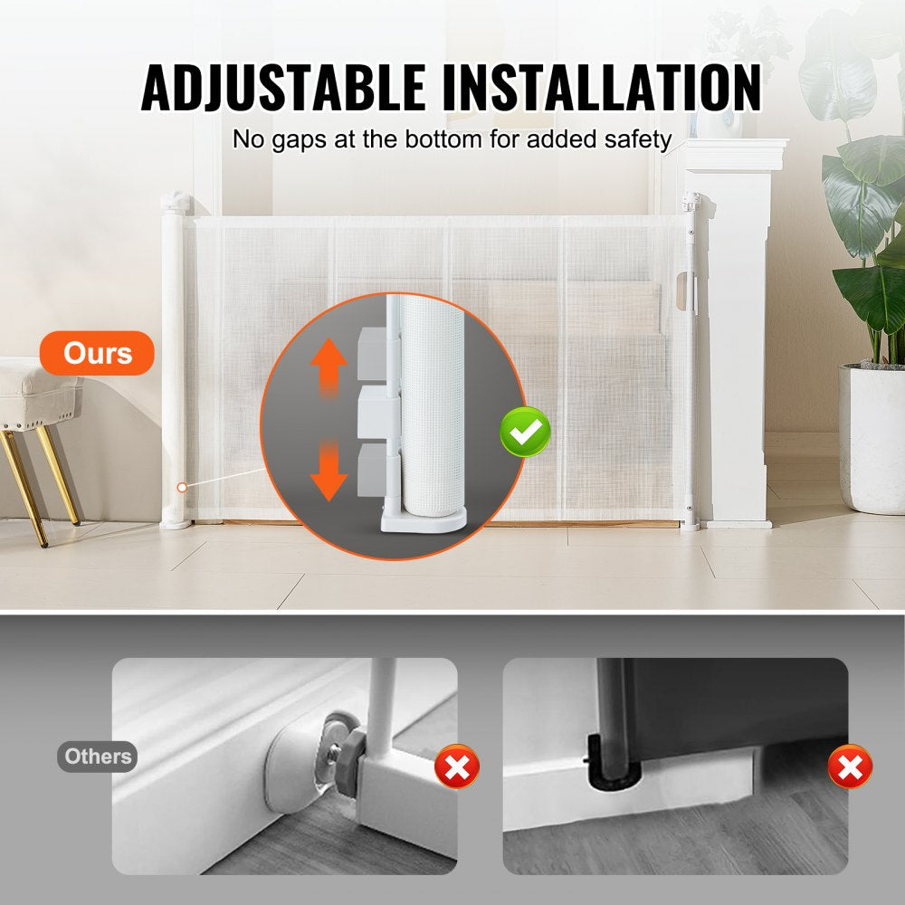 VEVOR Mesh Baby Gate, 34.2" Retractable Baby Gate, Extends up to 60" Wide Retractable Gate for Kids or Pets, Retractable Dog Gates for Indoor Stairs, Doorways, Hallways, Playrooms, White 