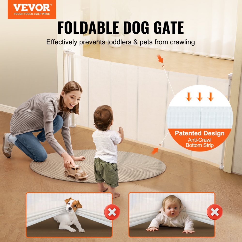 VEVOR Mesh Baby Gate, 34.2" Retractable Baby Gate, Extends up to 76.8" Wide Retractable Gate for Kids or Pets, Retractable Dog Gates for Indoor Stairs, Doorways, Hallways, Playrooms, White 
