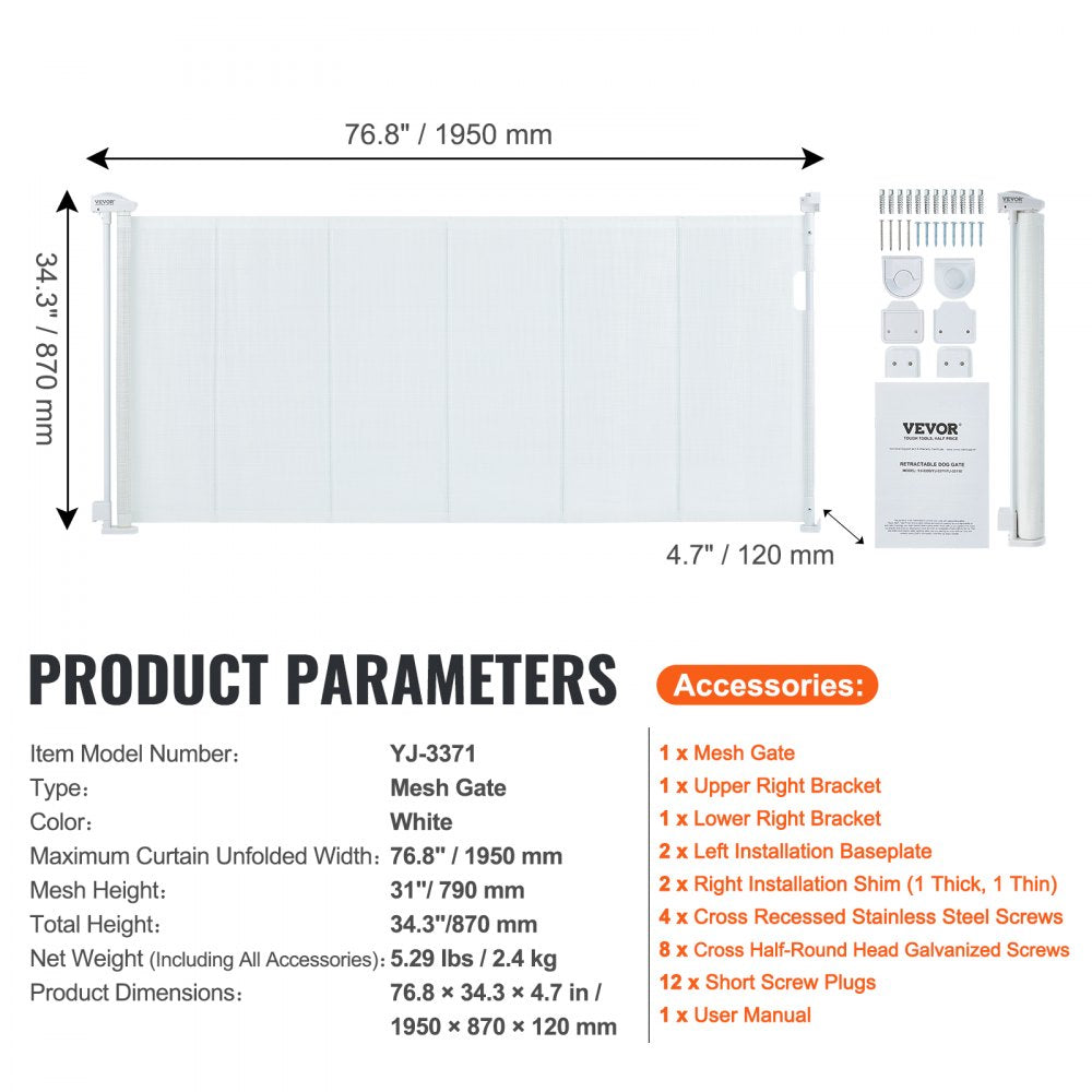 VEVOR Mesh Baby Gate, 34.2" Retractable Baby Gate, Extends up to 76.8" Wide Retractable Gate for Kids or Pets, Retractable Dog Gates for Indoor Stairs, Doorways, Hallways, Playrooms, White 