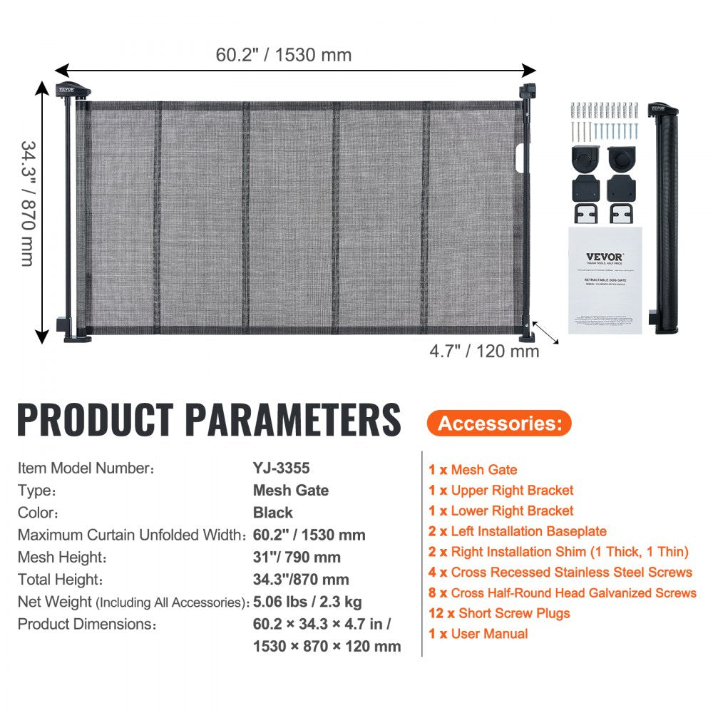 VEVOR Mesh Baby Gate, 34.2" Retractable Baby Gate, Extends up to 60" Wide Retractable Gate for Kids or Pets, Retractable Dog Gates for Indoor Stairs, Doorways, Hallways, Playrooms, Black 