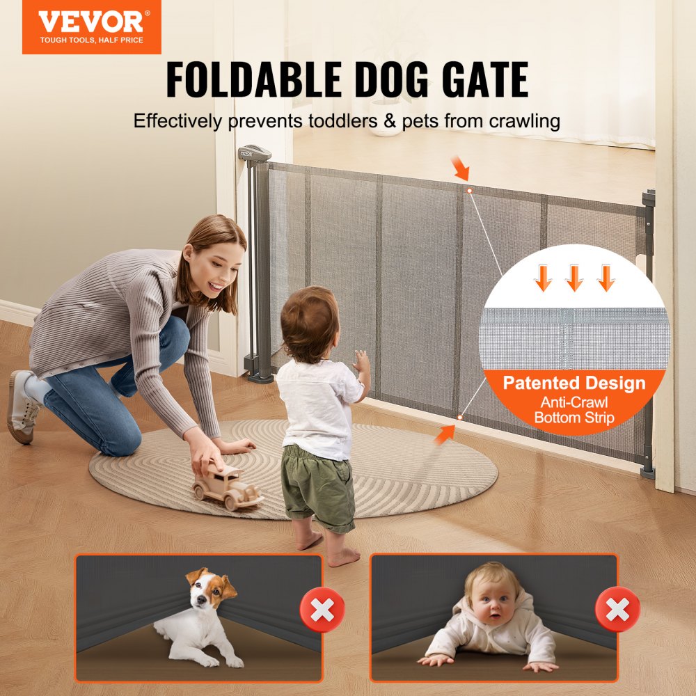 VEVOR Mesh Baby Gate, 34.2" Tall Retractable Baby Gate, Extends up to 60" Wide Retractable Gate for Kids or Pets, Retractable Dog Gates for Indoor Stairs, Doorways, Hallways, Playrooms, Gray 