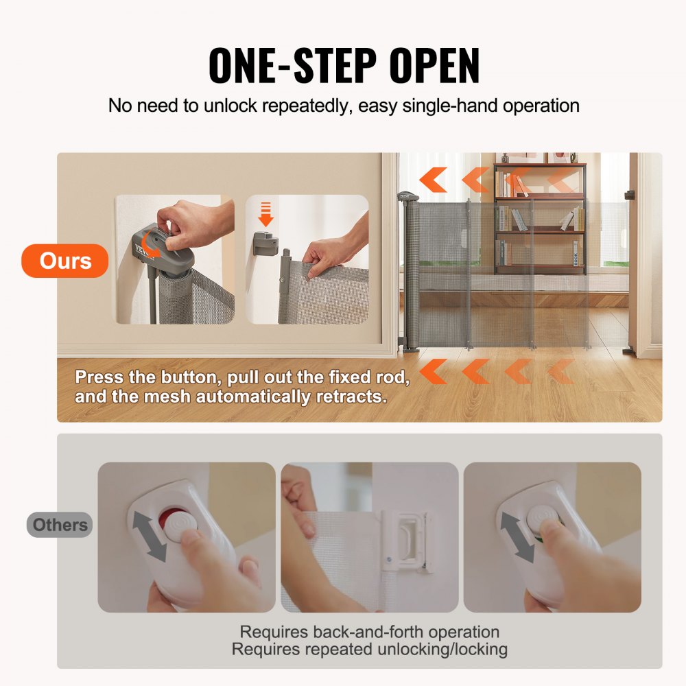 VEVOR Mesh Baby Gate, 34.2" Tall Retractable Baby Gate, Extends up to 60" Wide Retractable Gate for Kids or Pets, Retractable Dog Gates for Indoor Stairs, Doorways, Hallways, Playrooms, Gray 