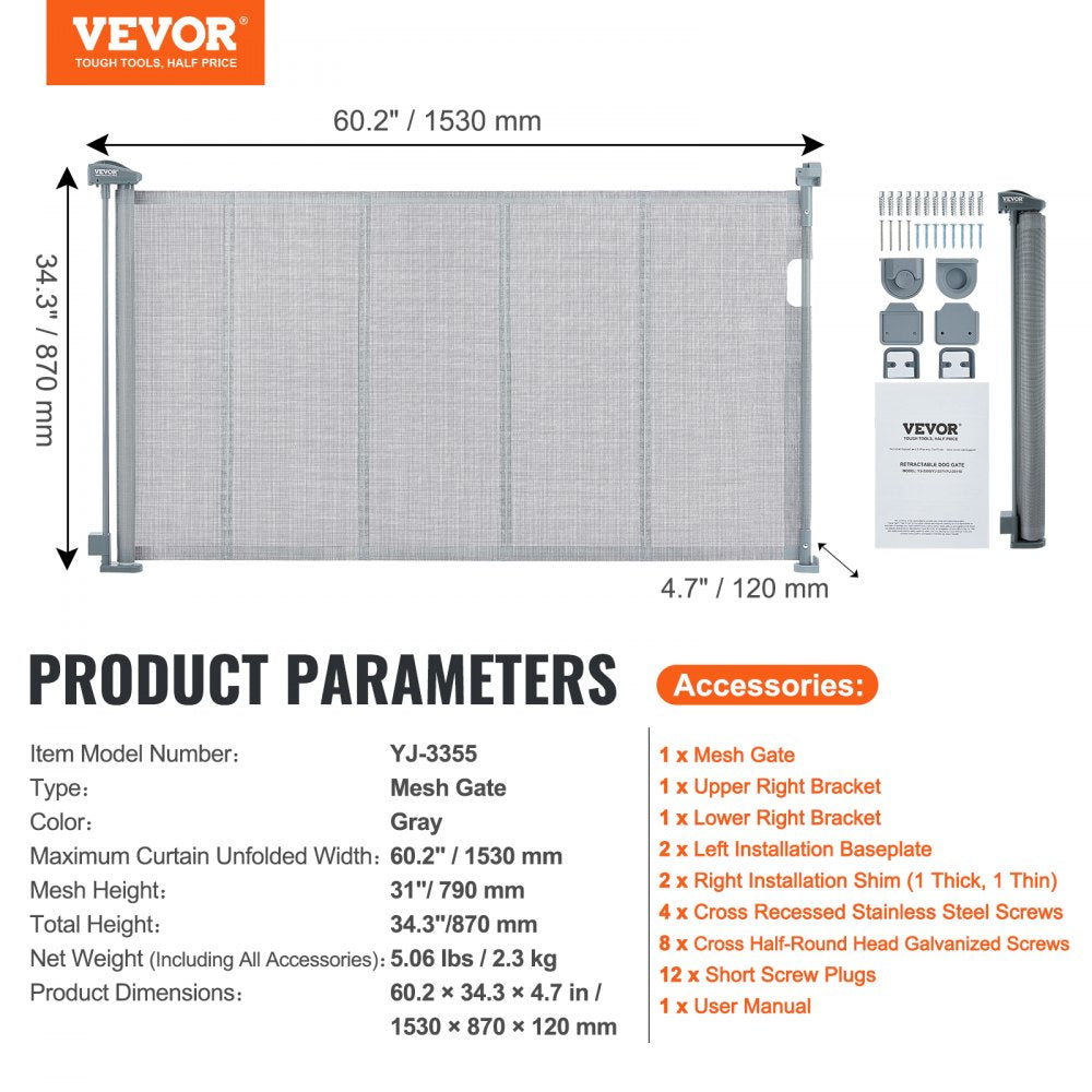 VEVOR Mesh Baby Gate, 34.2" Tall Retractable Baby Gate, Extends up to 60" Wide Retractable Gate for Kids or Pets, Retractable Dog Gates for Indoor Stairs, Doorways, Hallways, Playrooms, Gray 
