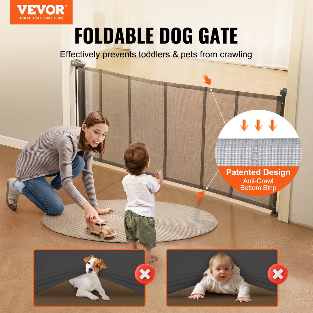 VEVOR Mesh Baby Gate, 34.2" Tall Retractable Baby Gate, Extends up to 76.8" Wide Retractable Gate for Kids or Pets, Retractable Dog Gates for Indoor Stairs, Doorways, Hallways, Playrooms, Gray 