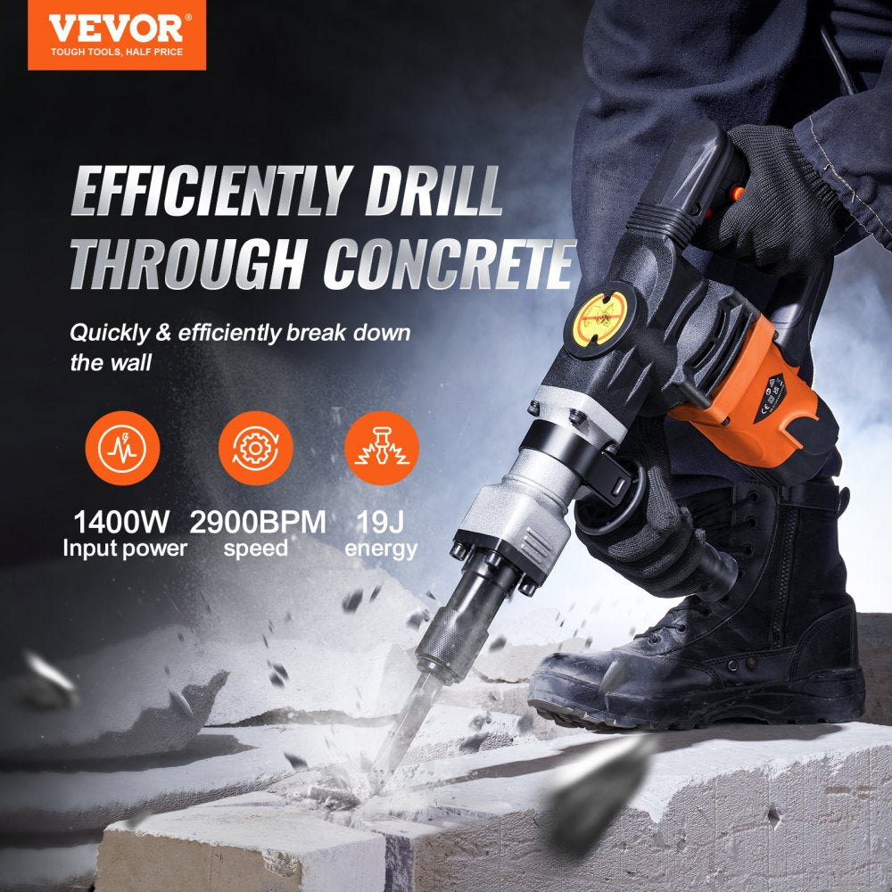 VEVOR Demolition Jack Hammer, 1400W Electric Jackhammer Heavy Duty, 2900 BPM Concrete Breaker 2pcs Chisels Bits Chipping W/Case, Gloves 