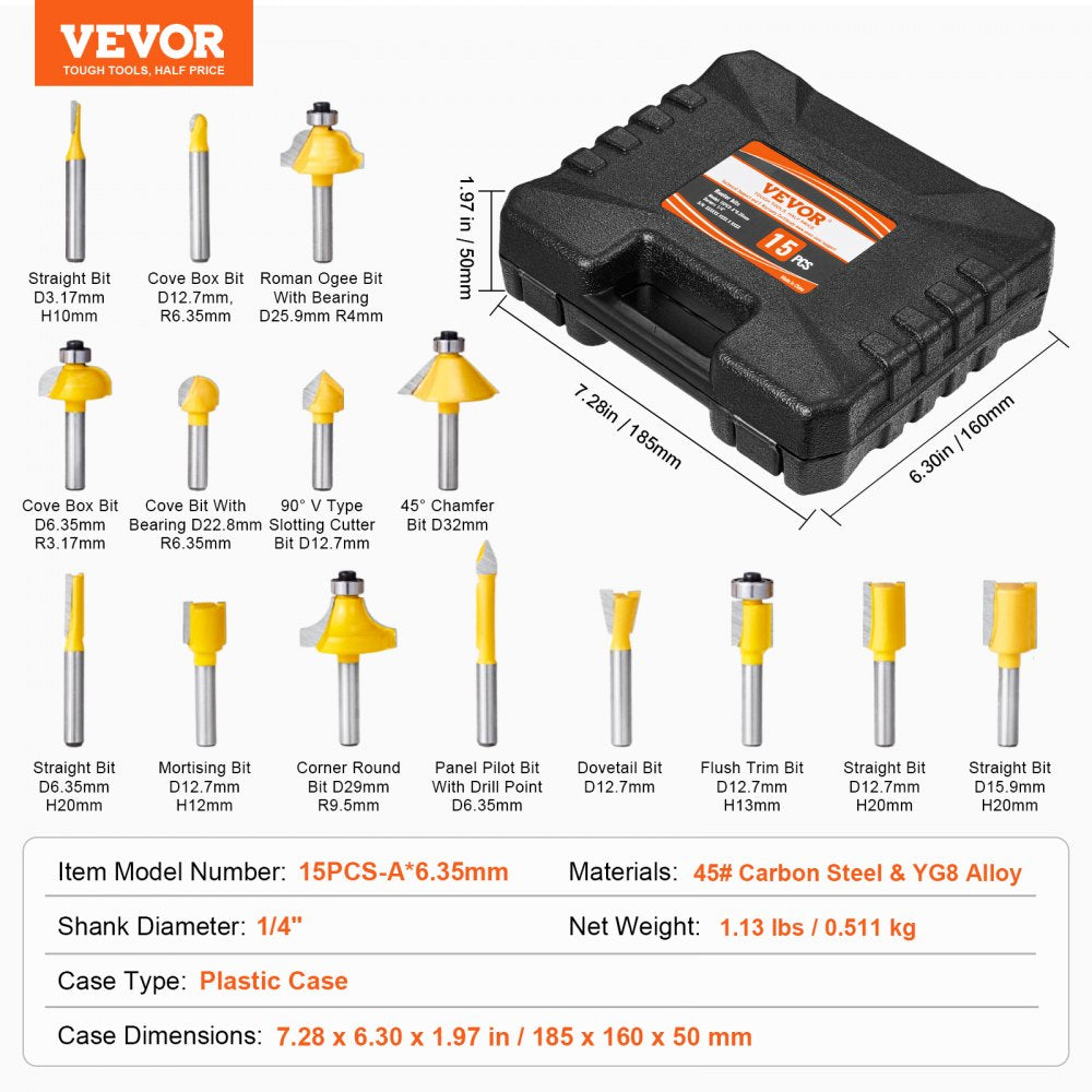 VEVOR Router Bits Set 15 Pieces Carbide Router Bit 1/4 Inch Shank Carrying Case 