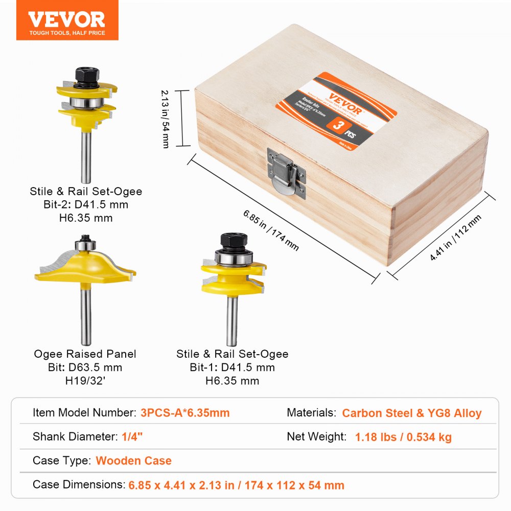 VEVOR Router Bits Set 3 Pieces Carbide Router Bit 1/4 Inch Shank Carrying Case 