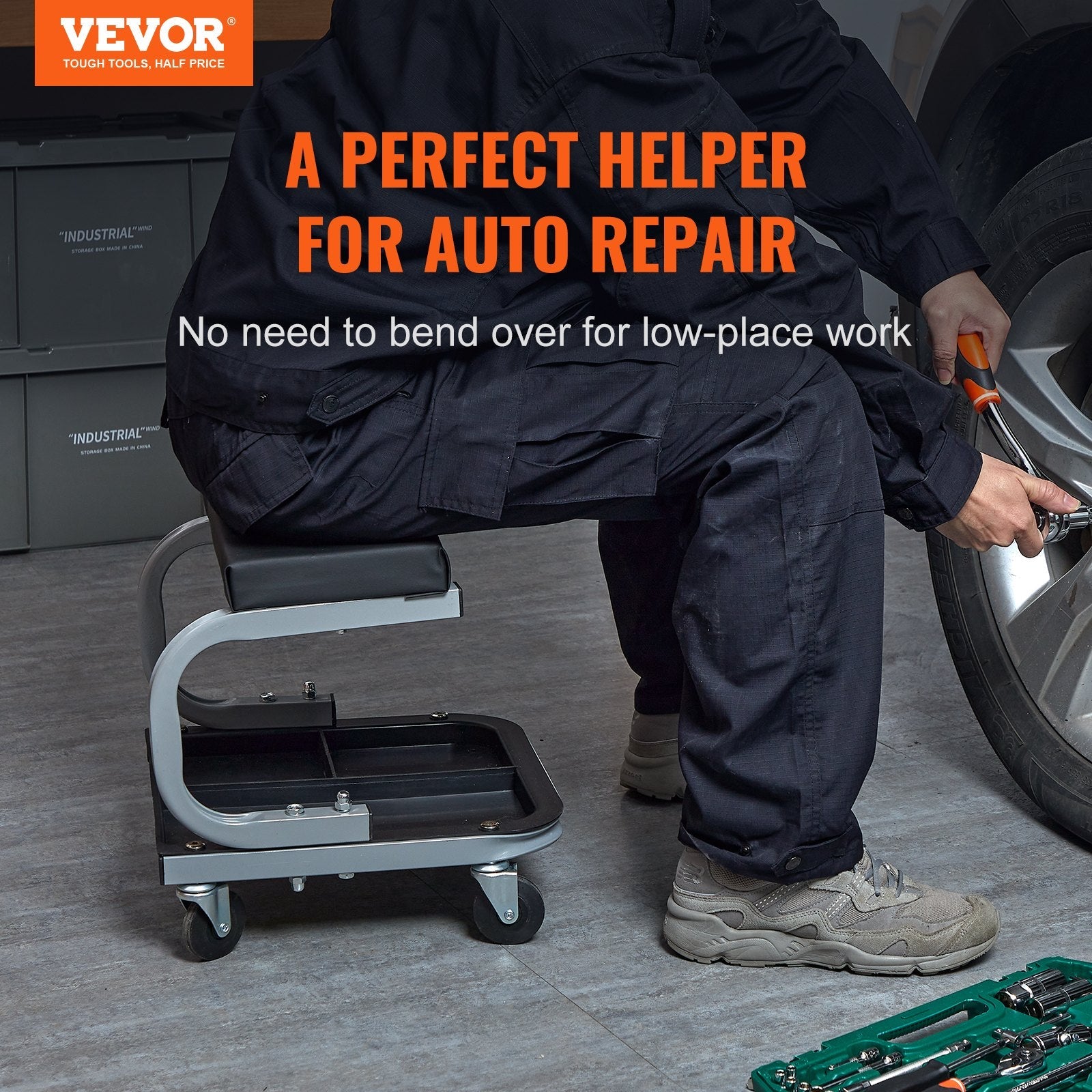 VEVOR Rolling Creeper Garage/Shop Seat, 250 LBS Capacity Padded Rolling Workshop Stool with Tool Tray Storage, Mechanic Stool for Garage, Shop, Auto Repair, Black 