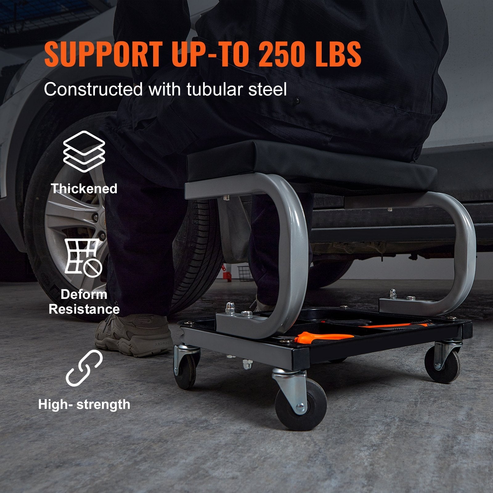 VEVOR Rolling Creeper Garage/Shop Seat, 250 LBS Capacity Padded Rolling Workshop Stool with Tool Tray Storage, Mechanic Stool for Garage, Shop, Auto Repair, Black 