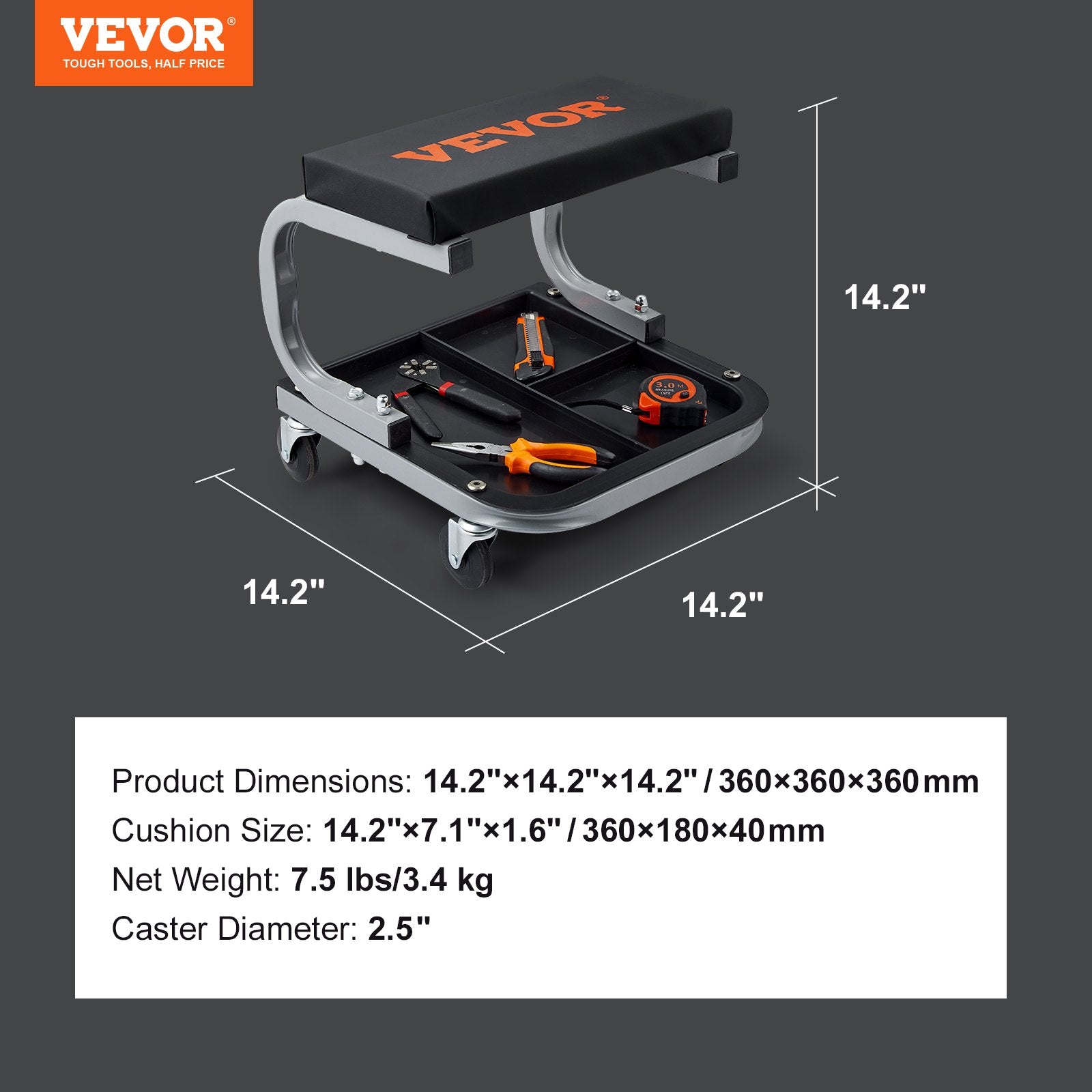 VEVOR Rolling Creeper Garage/Shop Seat, 250 LBS Capacity Padded Rolling Workshop Stool with Tool Tray Storage, Mechanic Stool for Garage, Shop, Auto Repair, Black 