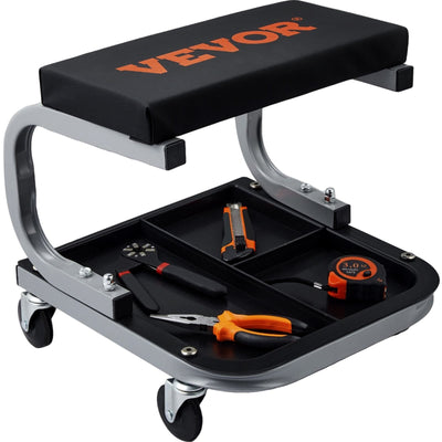 VEVOR Rolling Creeper Garage/Shop Seat, 250 LBS Capacity Padded Rolling Workshop Stool with Tool Tray Storage, Mechanic Stool for Garage, Shop, Auto Repair, Black 