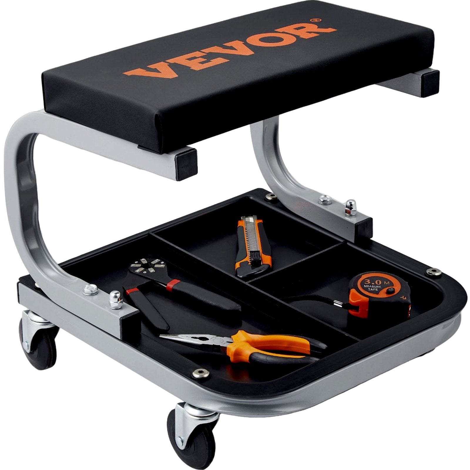 VEVOR Rolling Creeper Garage/Shop Seat, 250 LBS Capacity Padded Rolling Workshop Stool with Tool Tray Storage, Mechanic Stool for Garage, Shop, Auto Repair, Black 