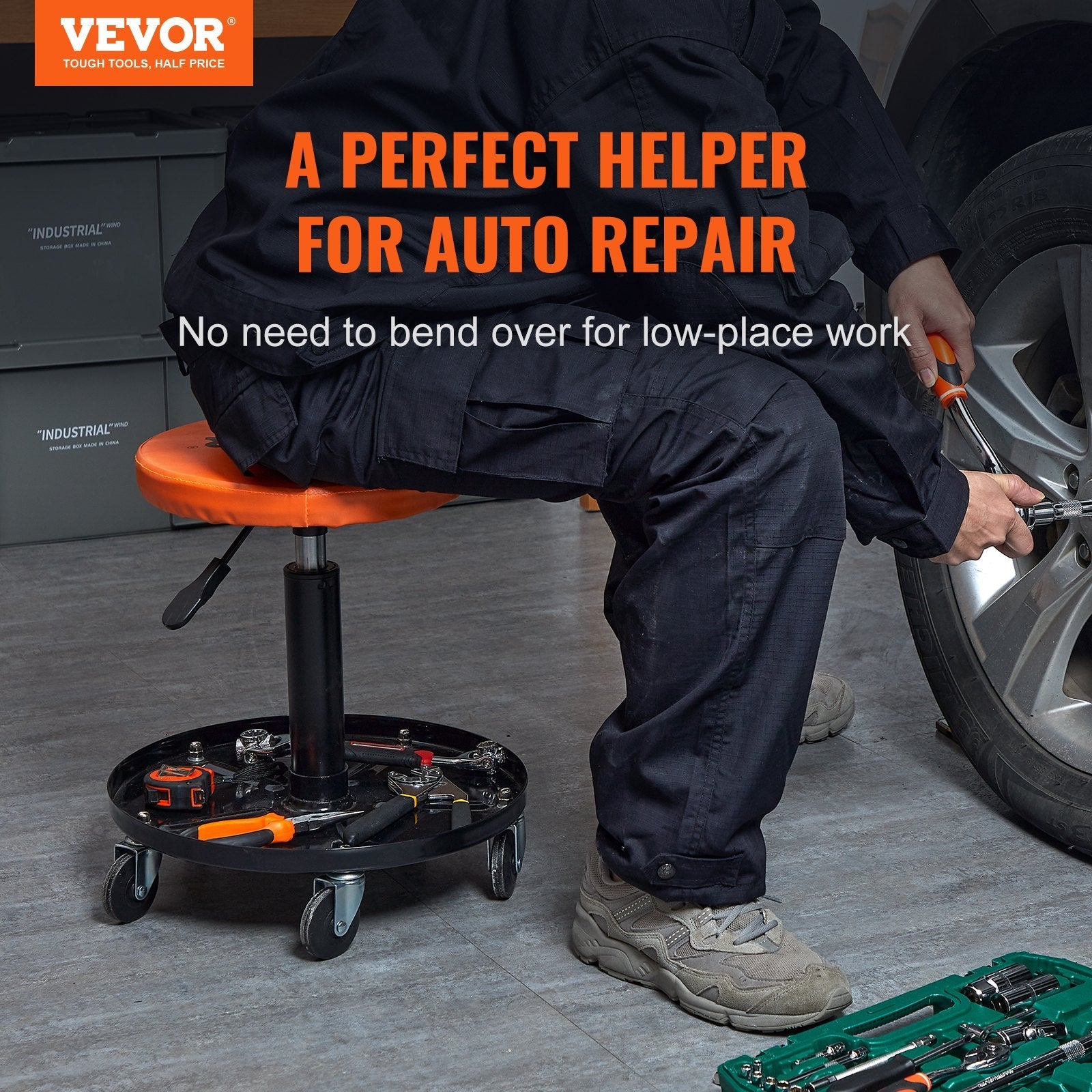 VEVOR Mechanic Stool, 250 LBS Rolling Pneumatic Creeper Garage/Shop Seat, Adjustable Height 16 in-22 in Padded Rolling Workshop Stool with Tool Tray, for Garage, Shop, Auto Repair, Black+Orange 