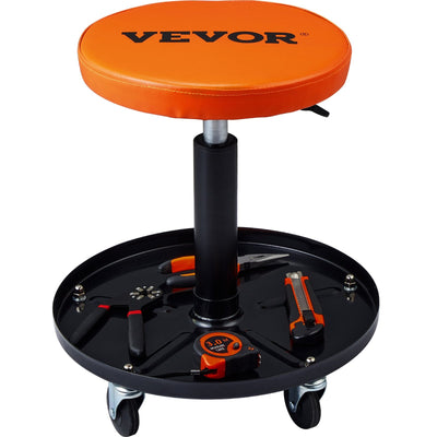 VEVOR Mechanic Stool, 250 LBS Rolling Pneumatic Creeper Garage/Shop Seat, Adjustable Height 16 in-22 in Padded Rolling Workshop Stool with Tool Tray, for Garage, Shop, Auto Repair, Black+Orange 