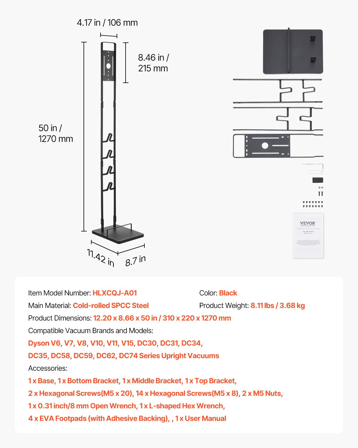 VEVOR Vacuum Stand for Dyson Multi-Models Storage Bracket Holder with 4 Hooks 
