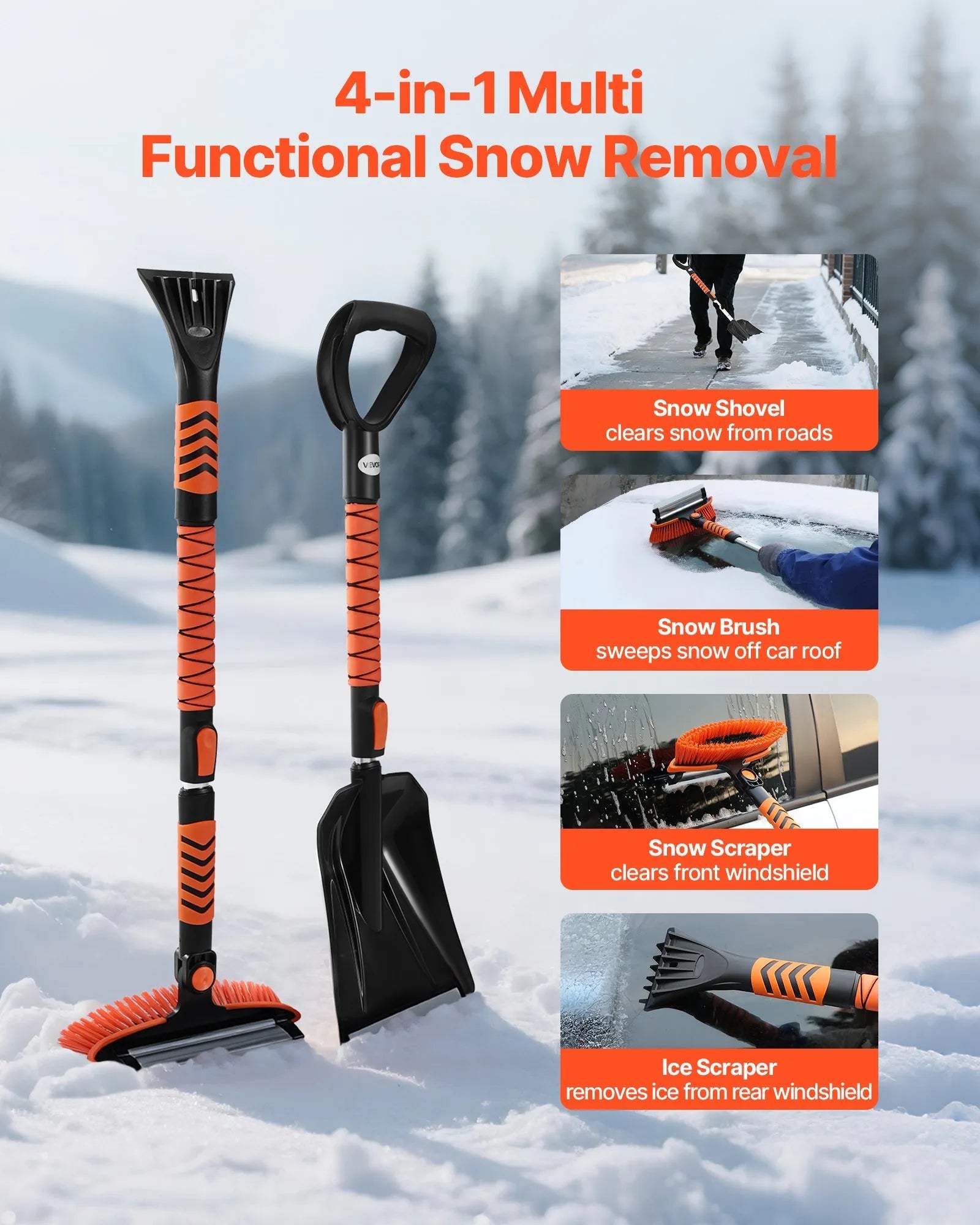 VEVOR Snow Shovel and Snow Brush, 42 in Extendable Snows Broom & Ice Scraper with 180° Pivoting Brush Head, Non-Slip Grip, Portable Winter Snows Removal Tools for Cars Trucks SUVs Vehicle 