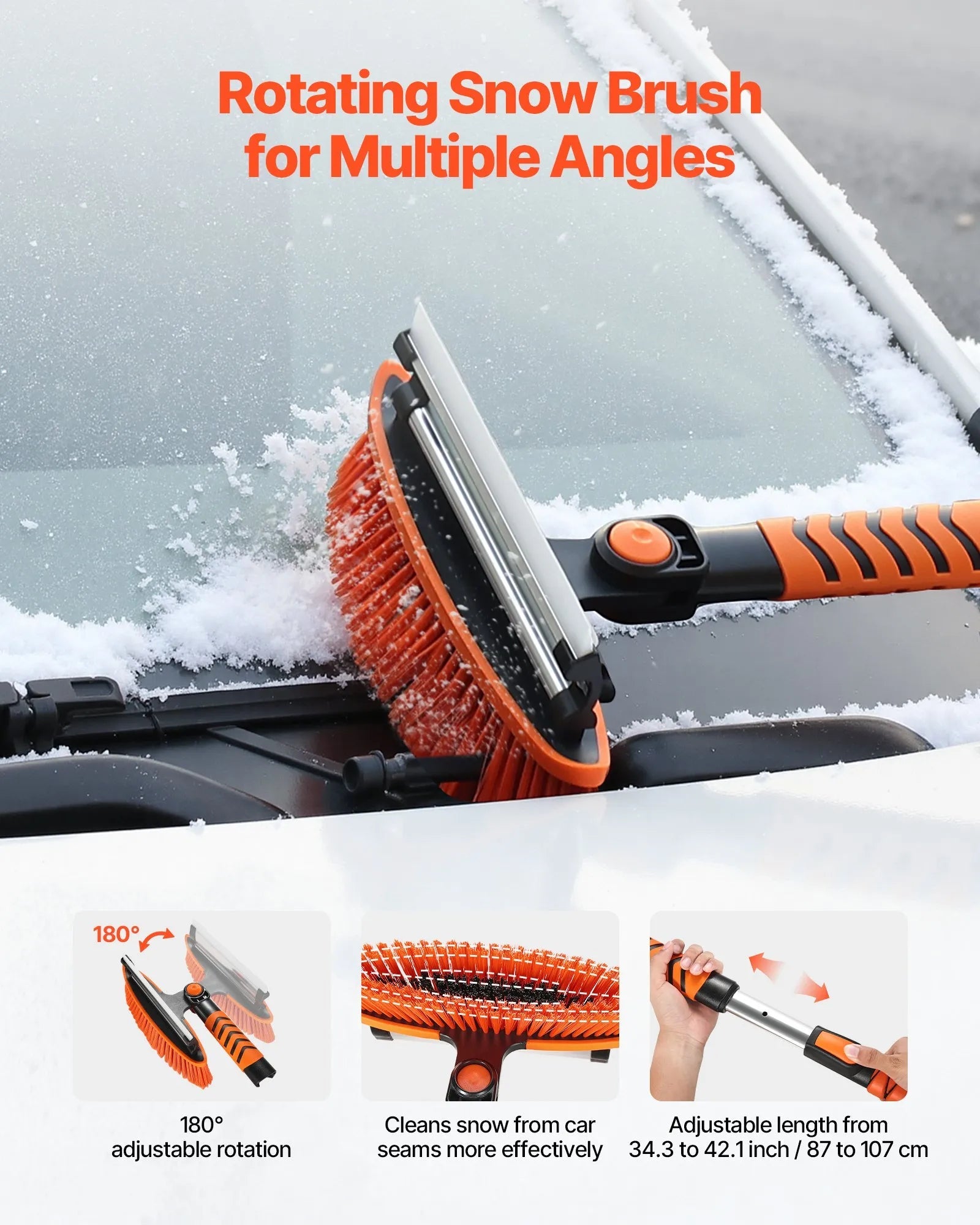VEVOR Snow Shovel and Snow Brush, 42 in Extendable Snows Broom & Ice Scraper with 180° Pivoting Brush Head, Non-Slip Grip, Portable Winter Snows Removal Tools for Cars Trucks SUVs Vehicle 