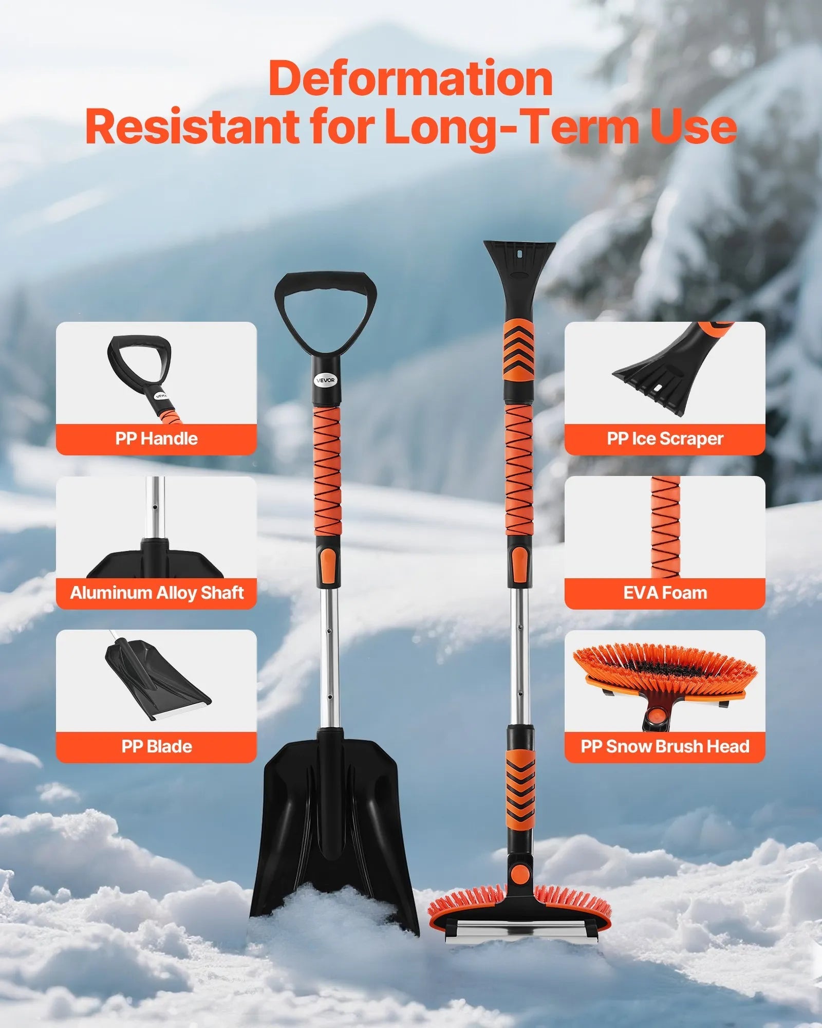 VEVOR Snow Shovel and Snow Brush, 42 in Extendable Snows Broom & Ice Scraper with 180° Pivoting Brush Head, Non-Slip Grip, Portable Winter Snows Removal Tools for Cars Trucks SUVs Vehicle 