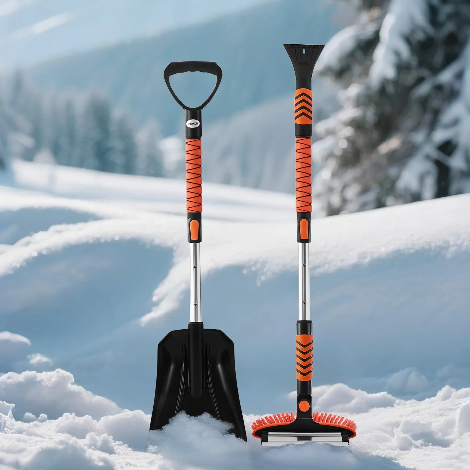 VEVOR Snow Shovel and Snow Brush, 42 in Extendable Snows Broom & Ice Scraper with 180° Pivoting Brush Head, Non-Slip Grip, Portable Winter Snows Removal Tools for Cars Trucks SUVs Vehicle 
