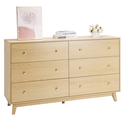 6 Drawer Dresser, Modern Wooden Storage Chest with Metal Handles & Anti-Tip Device, Light Wood