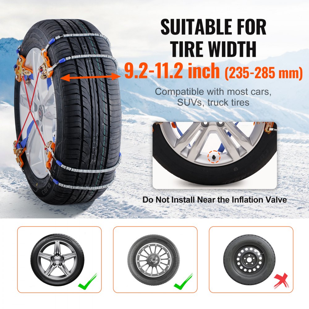VEVOR 8 PCS Snow Chains Tire Width 9.2-11.2in/235-28mm for Car/Pickup/SUV/Truck 