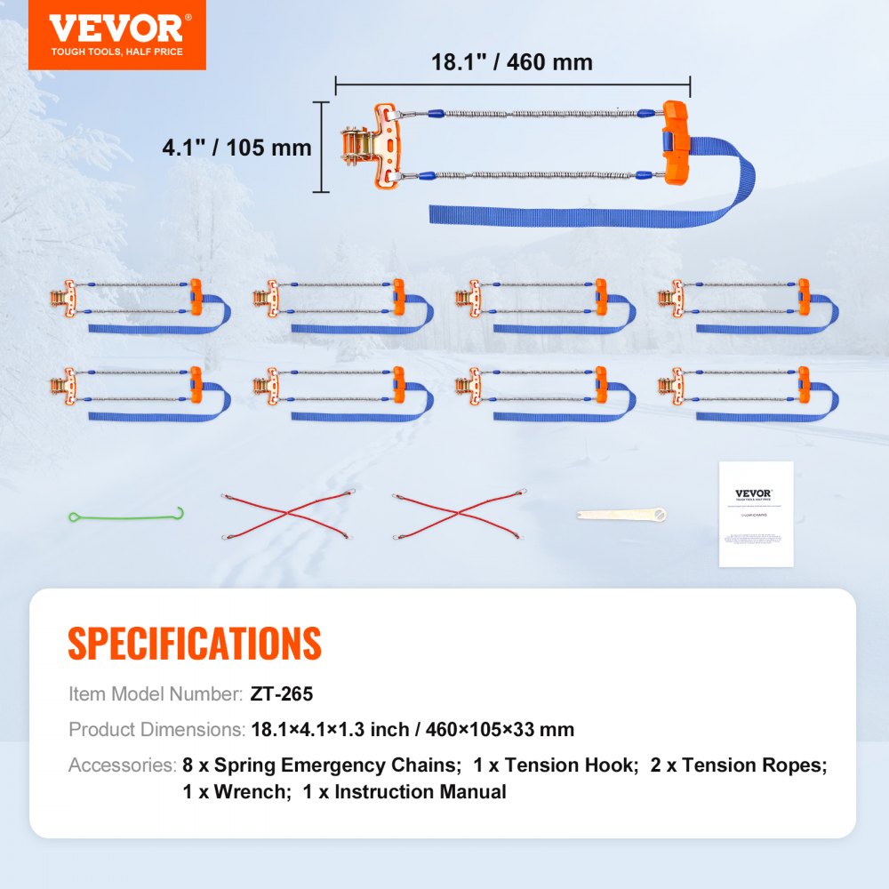 VEVOR 8 PCS Snow Chains Tire Width 9.2-11.2in/235-28mm for Car/Pickup/SUV/Truck 