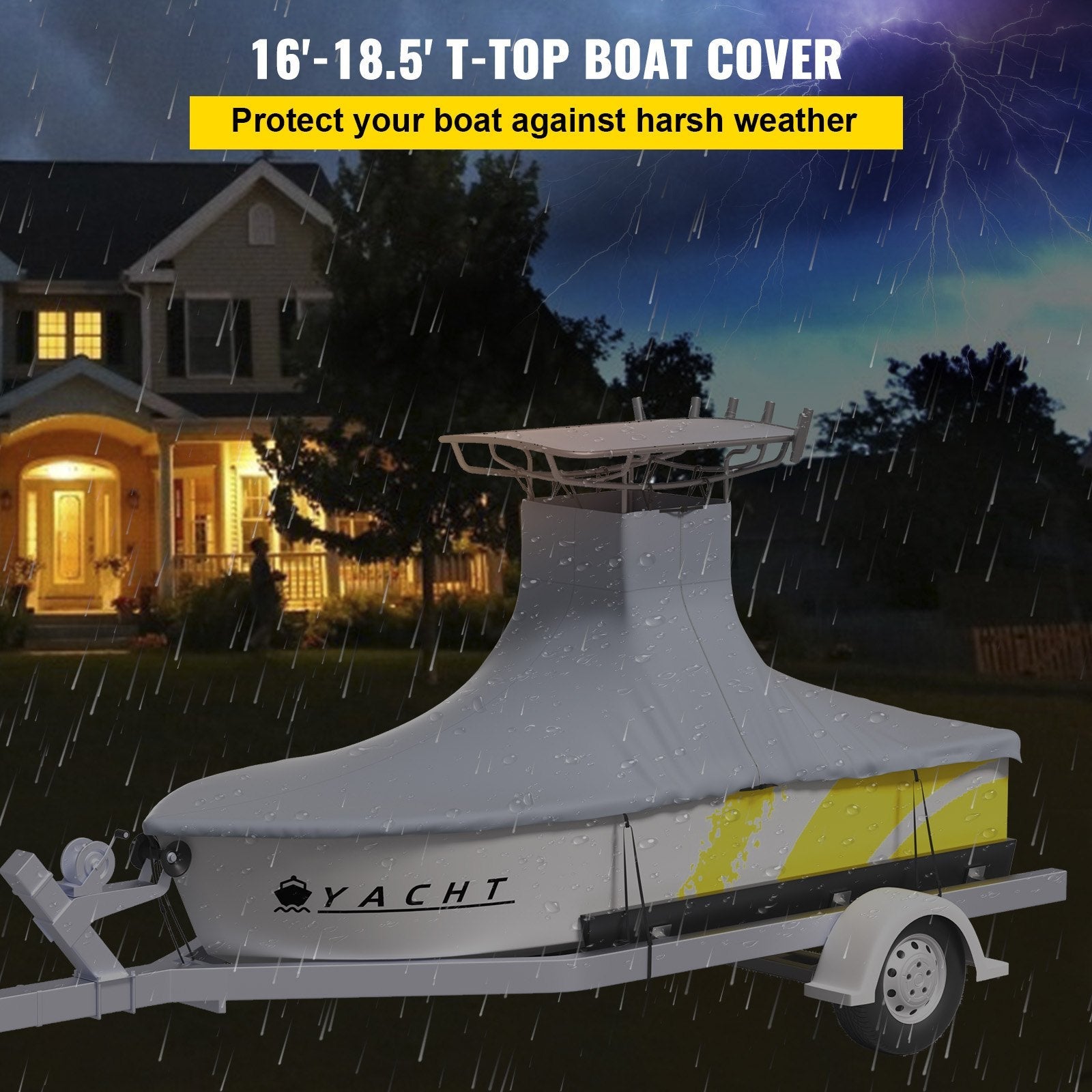 VEVOR T-Top Boat Cover, Fit for 16\'-18.5\' Boat, Heavy Duty 600D Marine Grade Oxford Hard Top Cover, UV Resistant Waterproof Center Console Boat Cover w/ 2 Support Poles and 5 Wind-Proof Straps, Gray 