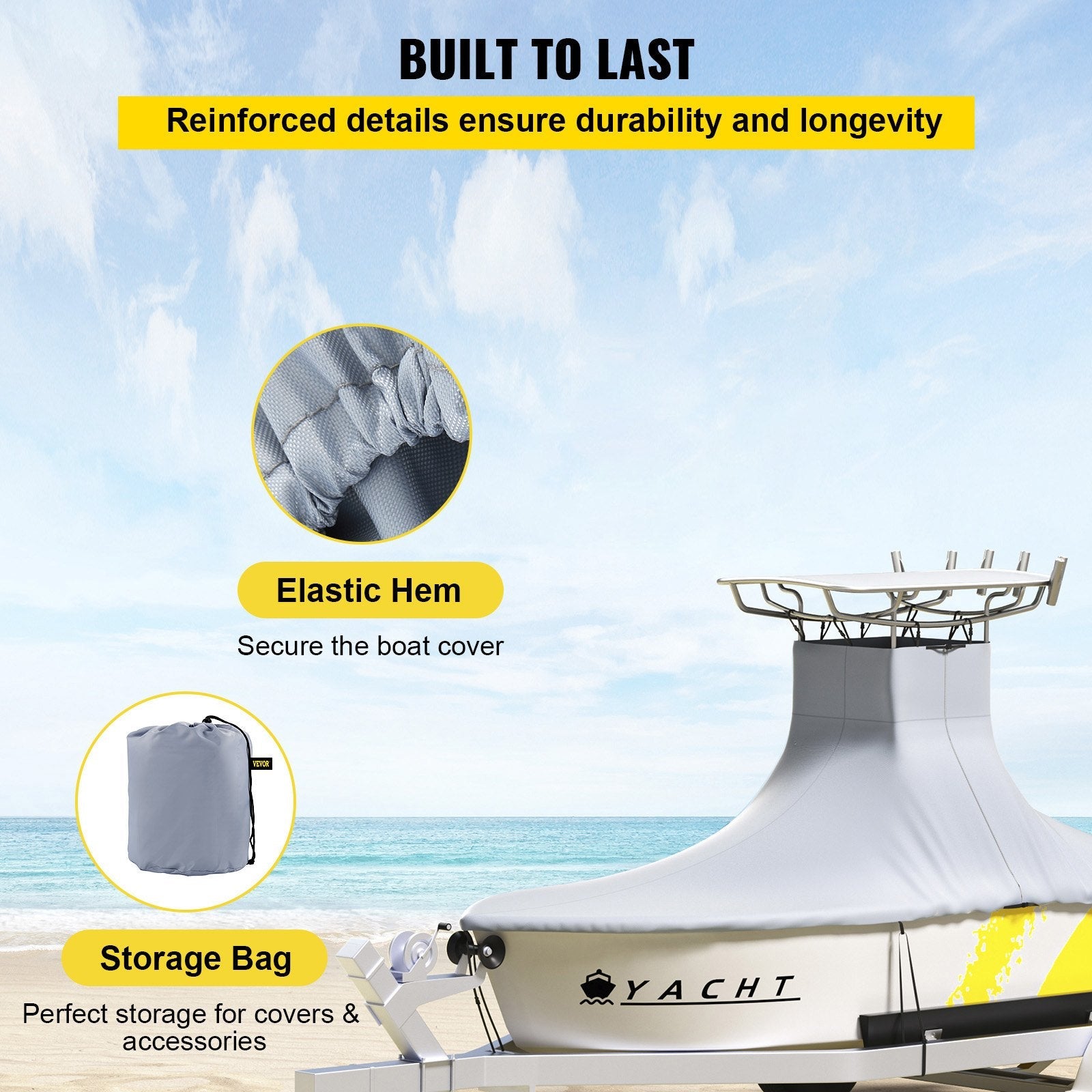VEVOR T-Top Boat Cover, Fit for 16\'-18.5\' Boat, Heavy Duty 600D Marine Grade Oxford Hard Top Cover, UV Resistant Waterproof Center Console Boat Cover w/ 2 Support Poles and 5 Wind-Proof Straps, Gray 