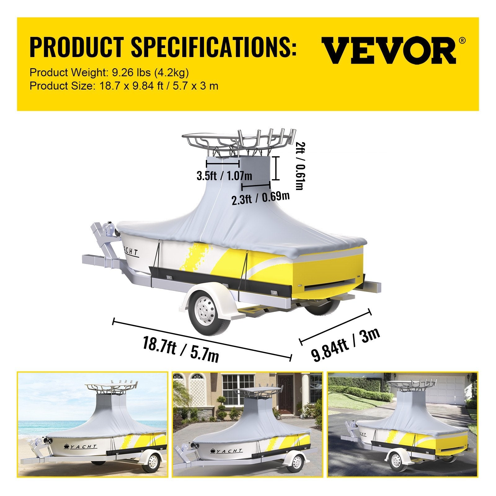 VEVOR T-Top Boat Cover, Fit for 16\'-18.5\' Boat, Heavy Duty 600D Marine Grade Oxford Hard Top Cover, UV Resistant Waterproof Center Console Boat Cover w/ 2 Support Poles and 5 Wind-Proof Straps, Gray 