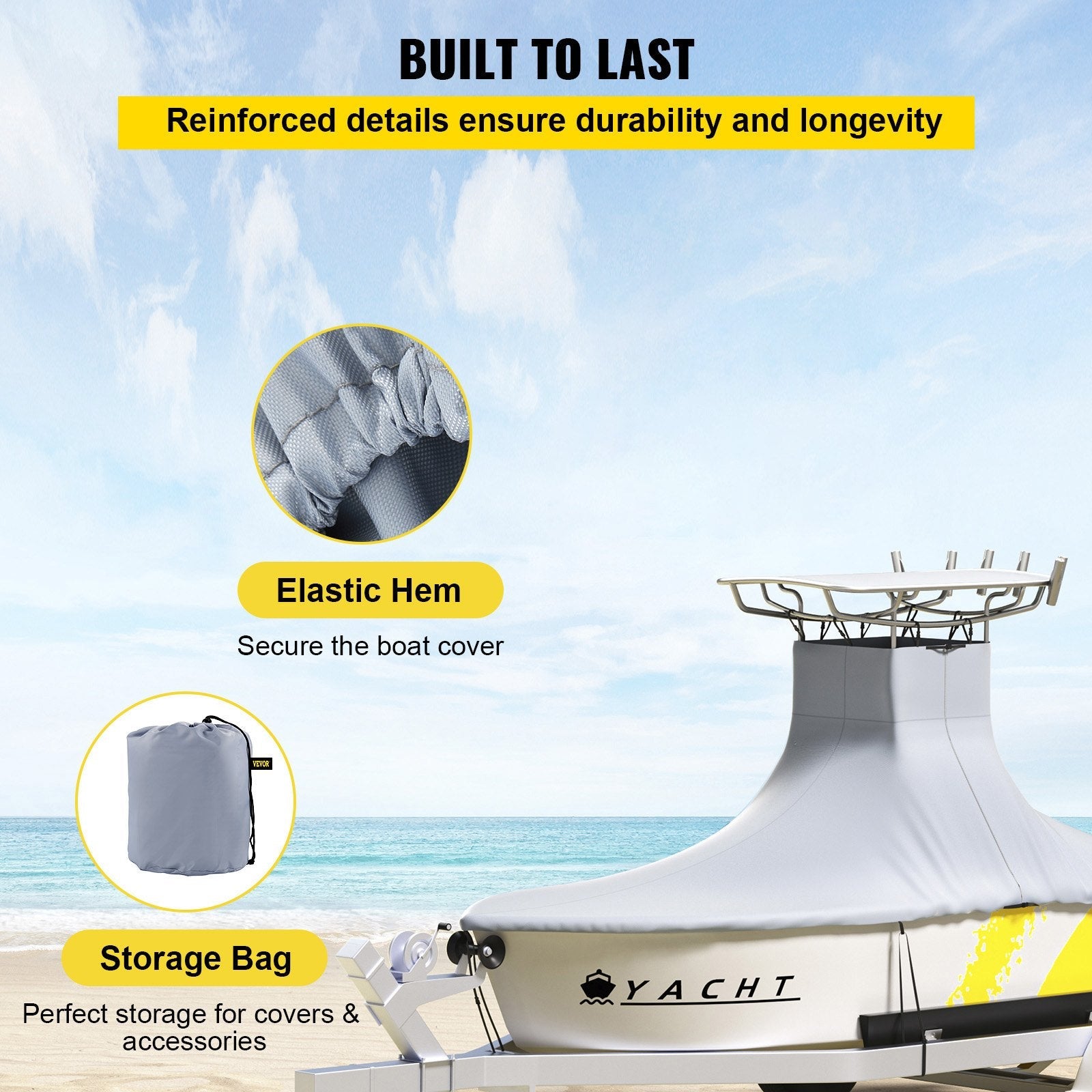 VEVOR T-Top Boat Cover, Fit for 18.5\'-20\' Boat, Heavy Duty 600D Marine Grade Oxford Hard Top Cover, UV Resistant Waterproof Center Console Boat Cover w/ 2 Support Poles and 5 Wind-Proof Straps, Gray 