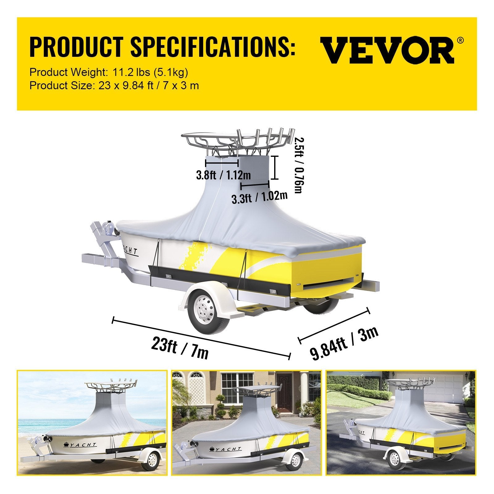 VEVOR T-Top Boat Cover, Fit for 20\'-22\' Boat, Heavy Duty 600D Marine Grade Oxford Hard Top Cover, UV Resistant Waterproof Center Console Boat Cover w/ 2 Support Poles and 7?Wind-Proof Straps, Gray 